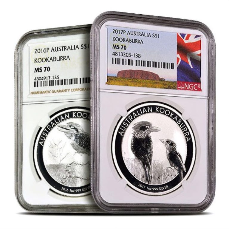 1 oz Australian Silver Kookaburra Coin MS70 (Random Year, Varied Label, PCGS or NGC)