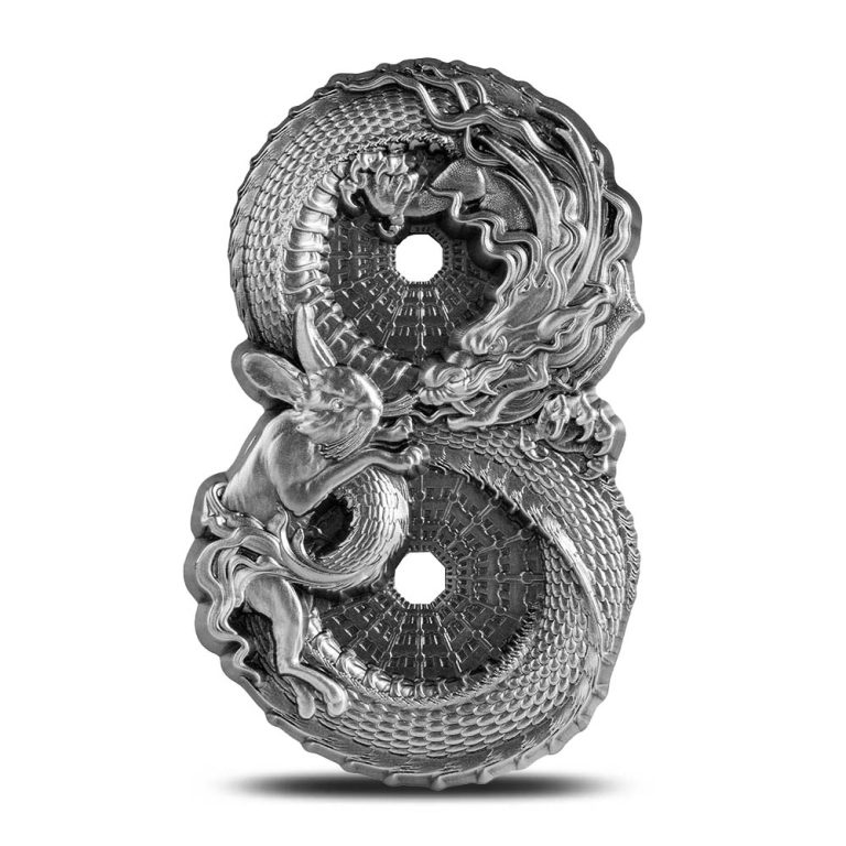 2023 3 oz Antique Tokelau Silver Figure 8 Dragon and Rabbit Coin (High Relief)