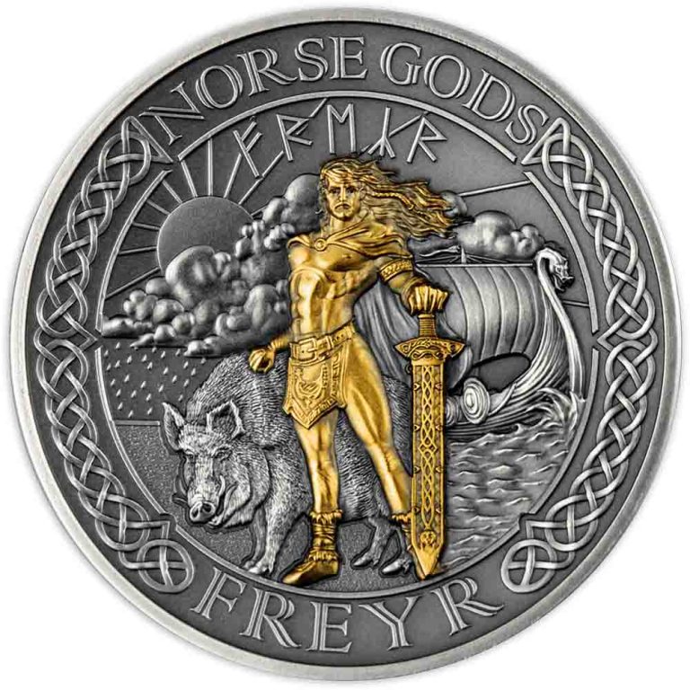 2023 2 oz Cook Islands Silver Norse God Freyr Coin (Ultra High Relief, Gold Plated)