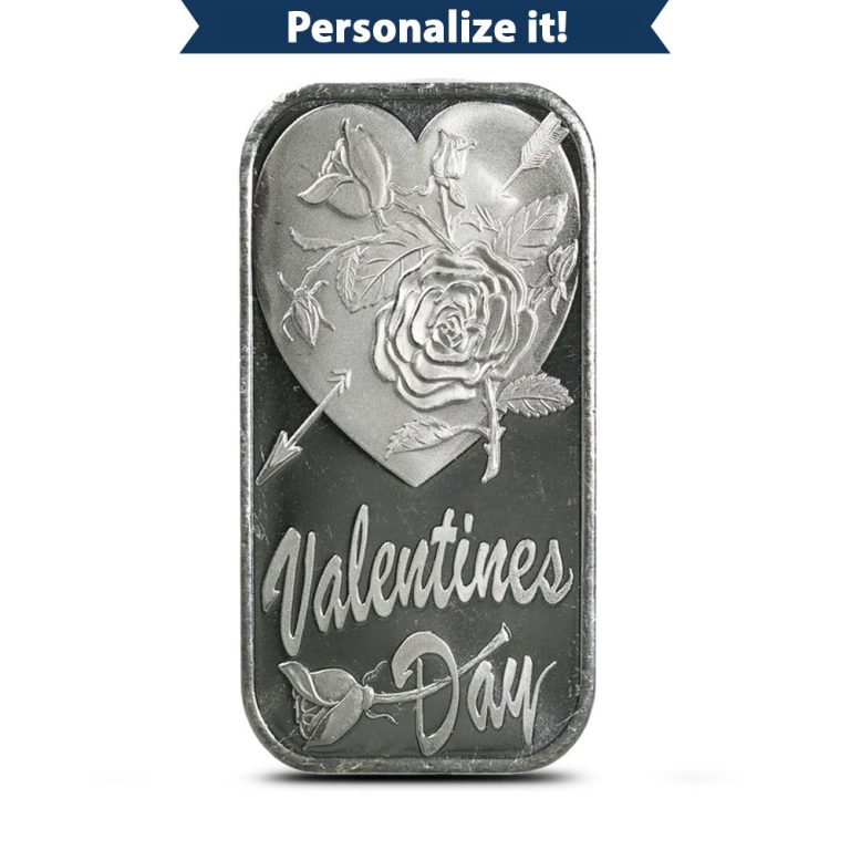 1 oz Engravable Silvertowne Valentine's Day Heart and Rose Silver Bar (New)