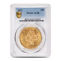 1874 Pre-33 $20 Liberty Gold Double Eagle Coin PCGS AU58