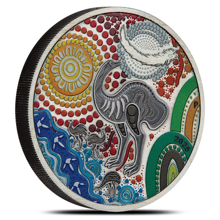 2025 2 oz Antique Colorized Australian Silver Emu Utingat Coin (Box + CoA)