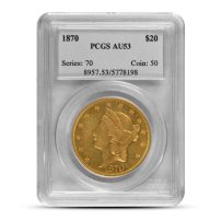 1870 Pre-33 $20 Liberty Gold Double Eagle Coin PCGS AU53