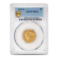 1912-S Pre-33 $5 Indian Gold Half Eagle Coin PCGS MS62
