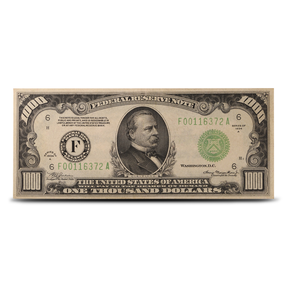 1934-A $1,000 Federal Reserve Note Extremely Fine 45 (PMG or PCGS)